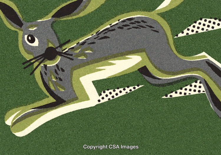 Stylized Illustration of a Running Hare With Artistic Elements on Green