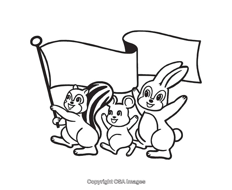 Black and White Illustration of Cute Animals Carrying Blank Flags