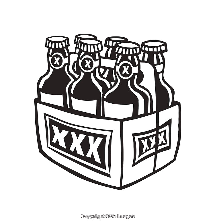 Black and White Line Art of a Box with Bottles Labeled XXX