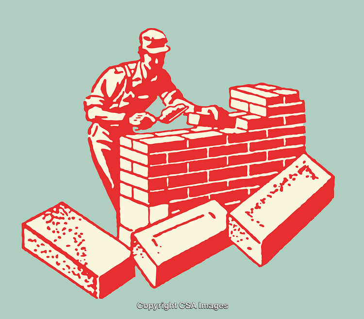 Red and Cream Line Art Illustration of a Bricklayer in Action on Green Background