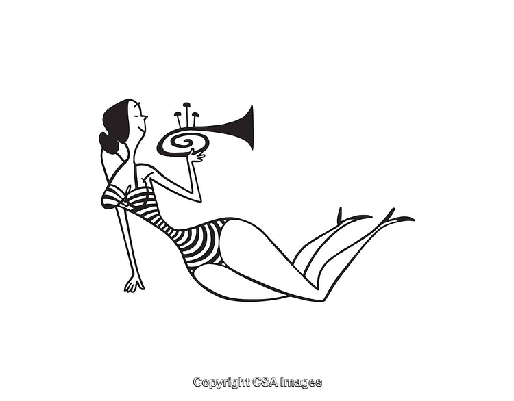 Artistic Illustration of a Woman in Swimwear Holding a Trumpet