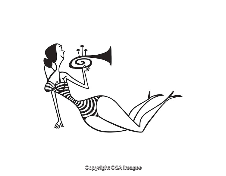 Artistic Illustration of a Woman in Swimwear Holding a Trumpet