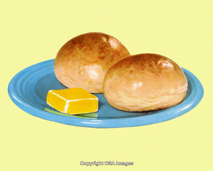 Two Fresh Dinner Rolls and Butter on a Vibrant Plate