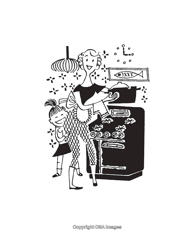 Retro Black and White Kitchen Scene With Mother and Child Illustration