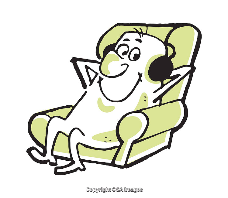 Cartoon Character Relaxing on Chair With Headphones Listening to Music