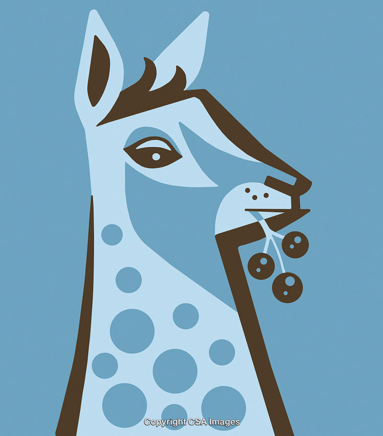 Blue Stylized Illustration of a Giraffe Holding Berries in Mouth