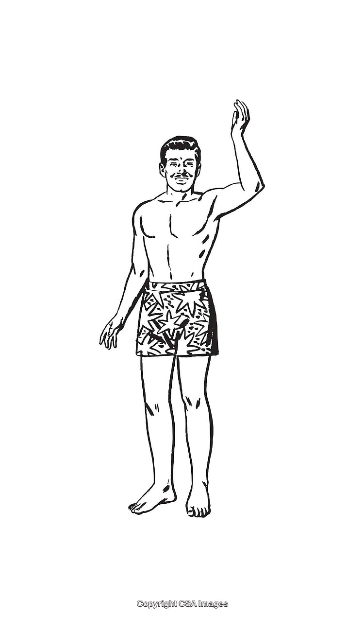Black and White Line Art of a Man in Patterned Shorts Waving