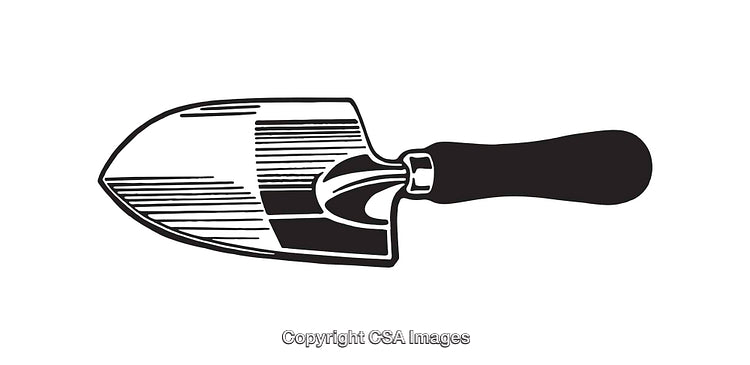 Black and White Illustration of a Garden Trowel with Wooden Handle