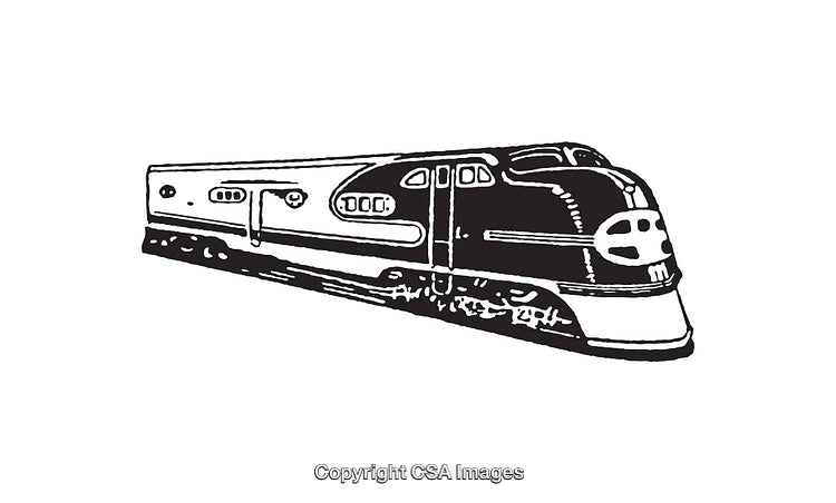 Vintage Black and White Illustration of a Streamlined Train Locomotive