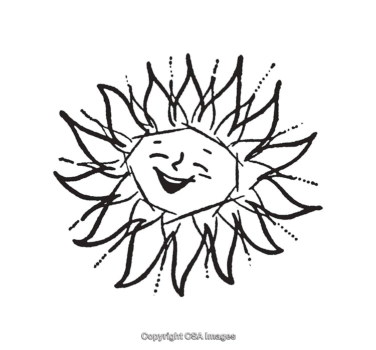 Cheerful Sun With Smiling Face Black and White Line Art Illustration