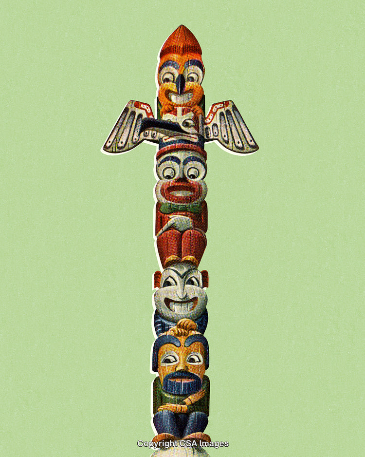 Colorful Wooden Totem Pole Isolated Against Minimalist Green Background