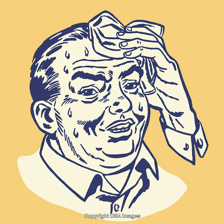 Retro Cartoon Illustration of a Sweaty Man Wiping Forehead