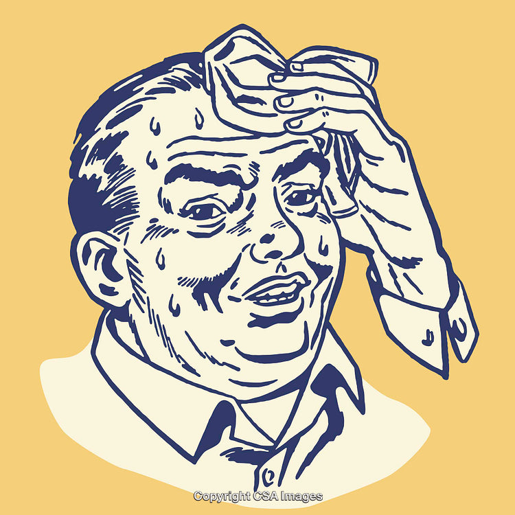 Retro Cartoon Illustration of a Sweaty Man Wiping Forehead