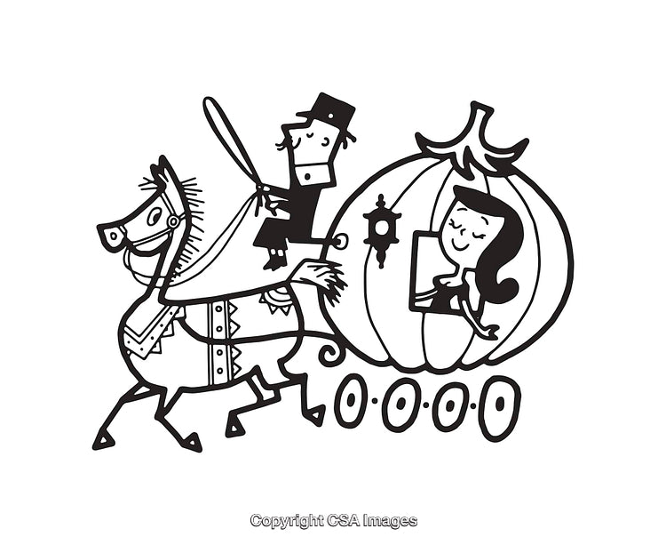 Black-and-White Illustration of a Fairytale Pumpkin Carriage with Characters