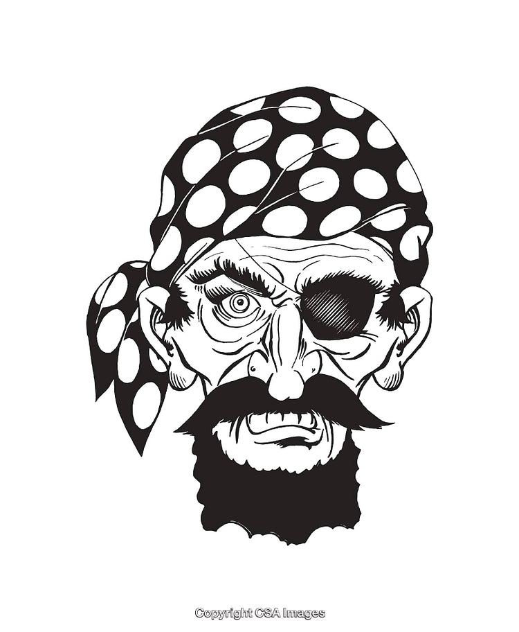 Black and White Line Art Illustration of a Rugged Pirate Face