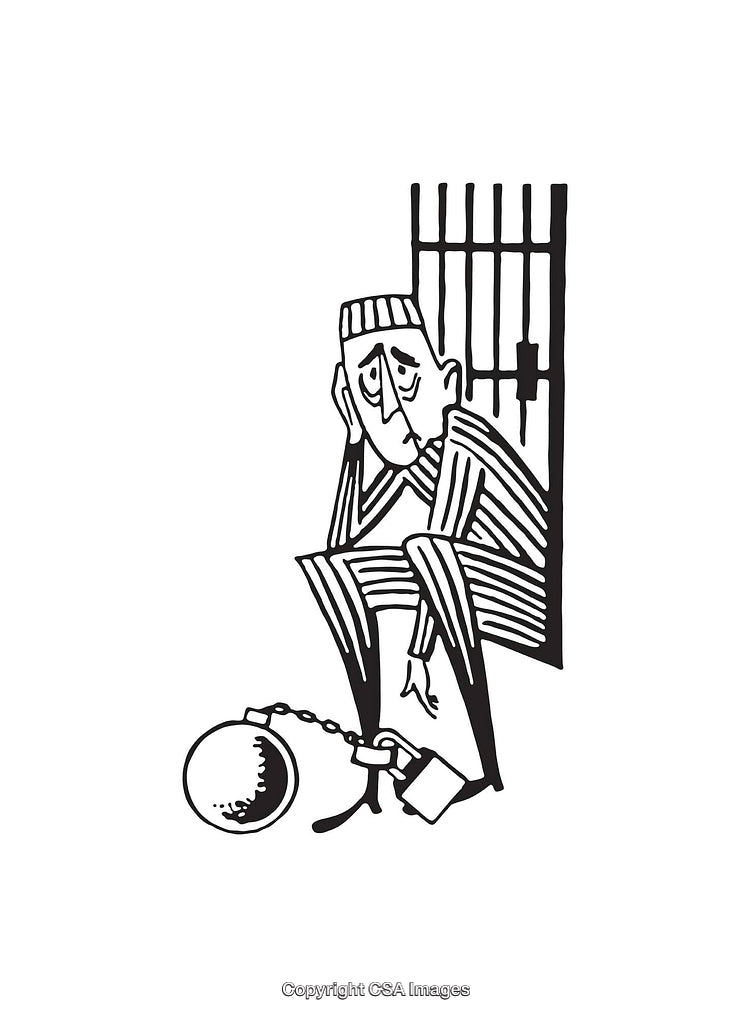 Black and White Cartoon of Prisoner in Jail with Ball and Chain
