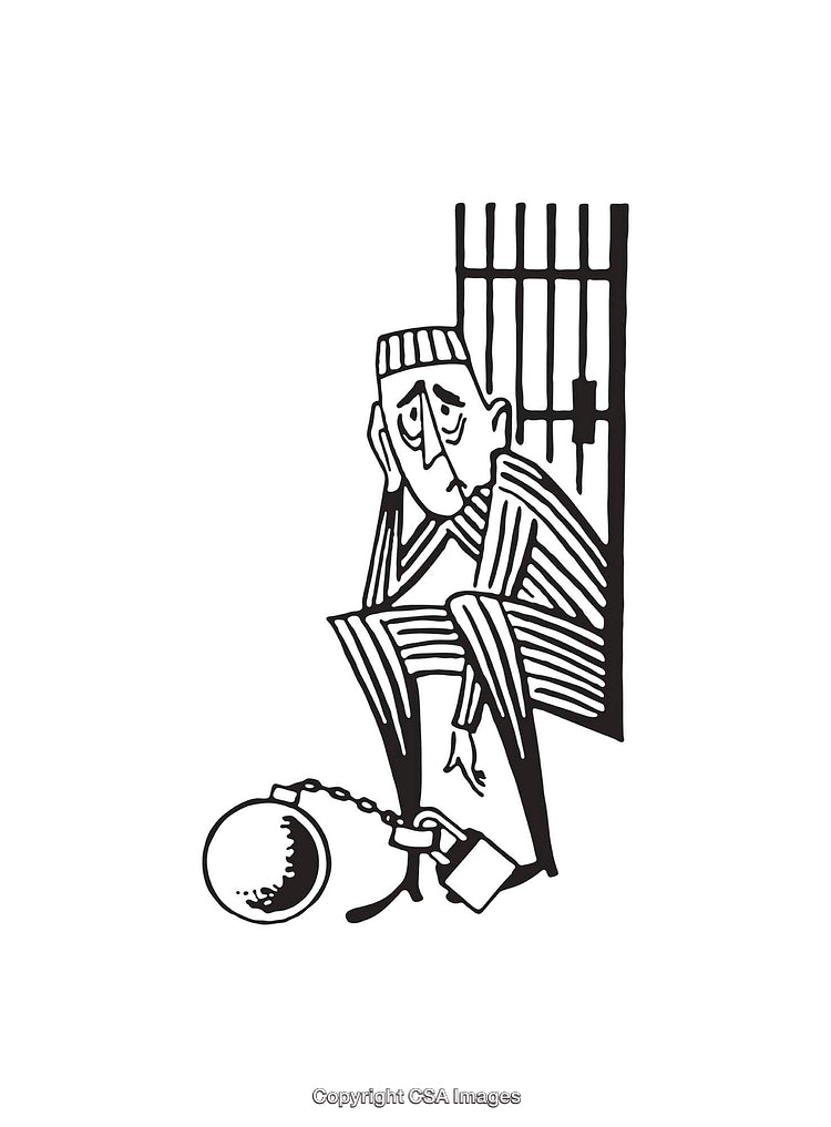 Black and White Cartoon of Prisoner in Jail with Ball and Chain