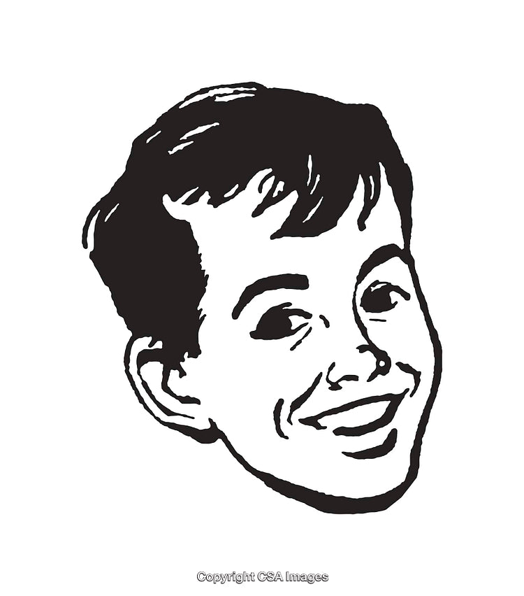 Black and White Illustrative Line Art of a Smiling Boy's Face