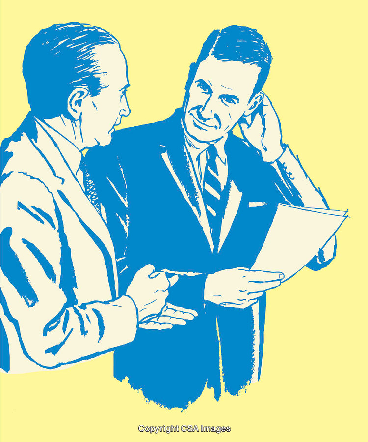 Colorful Vintage Style Illustration of Two Businessmen Discussing a Document