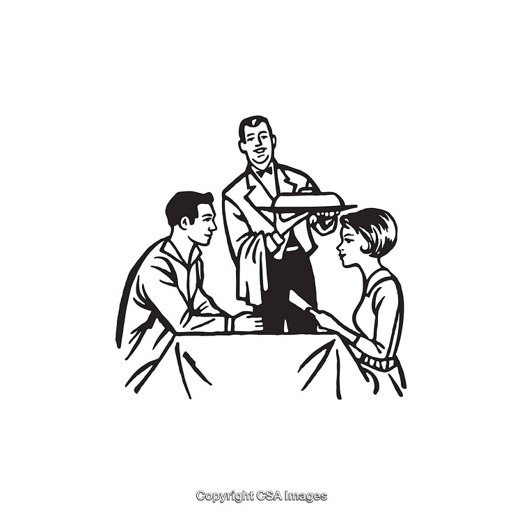 Black and White Line Art of Couple Dinner Meeting a Waiter