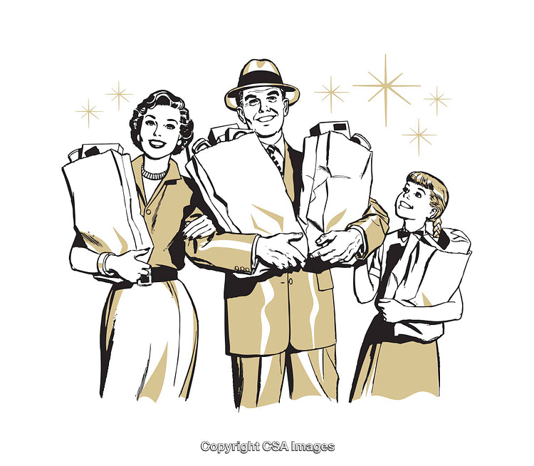 Retro Illustration of a Happy Family Shopping Together
