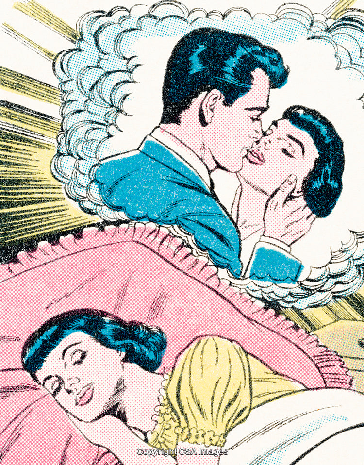 Comic Illustration Depicting a Woman Dreaming of a Romantic Moment