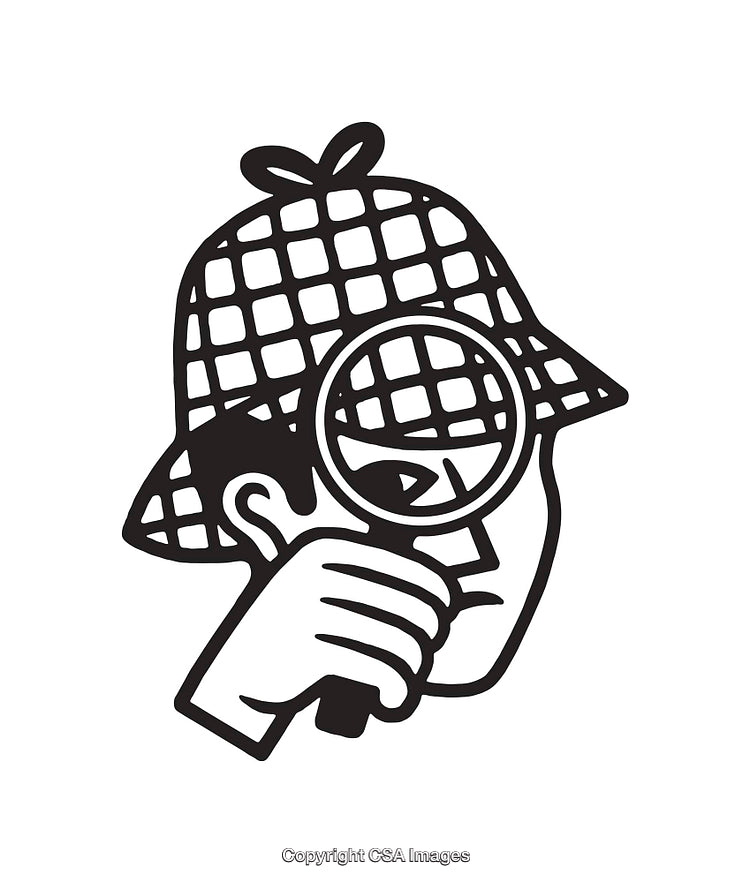 Black and White Line Art of a Detective with Magnifying Glass