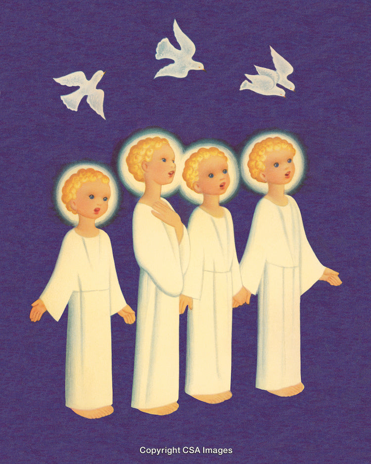 Illustration of Singing Angels with Glowing Halos and Flying White Doves