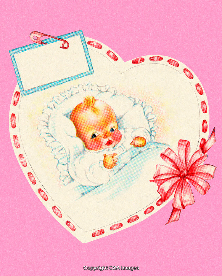 Vintage Baby Illustration with Heart Frame and Pink Bow