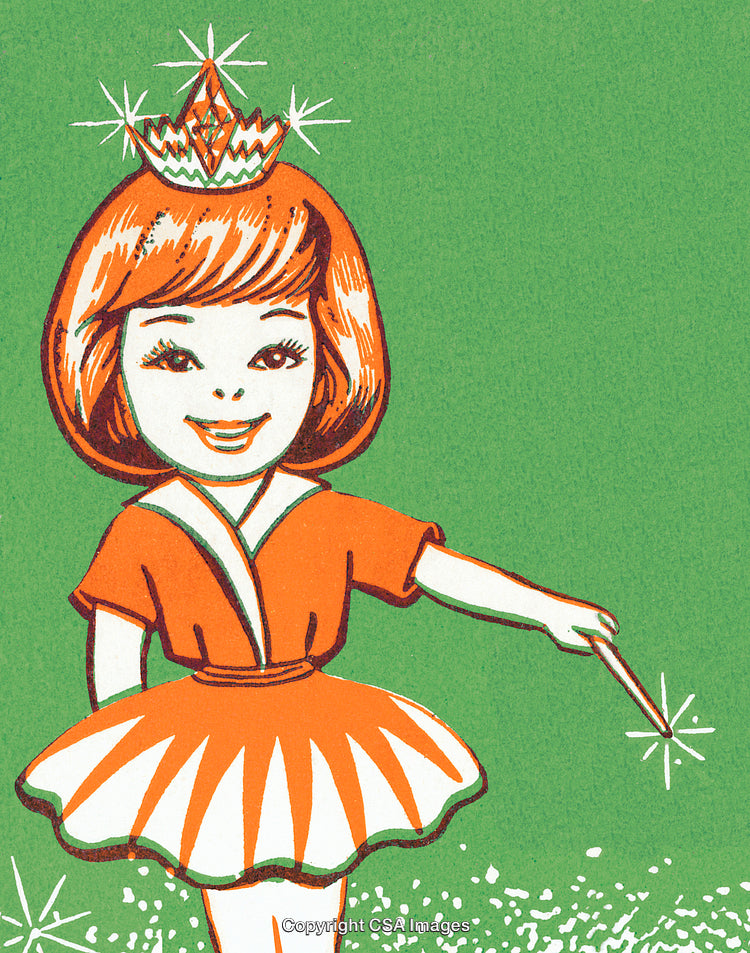 Vintage Illustration of a Magical Girl with Tiara and Wand