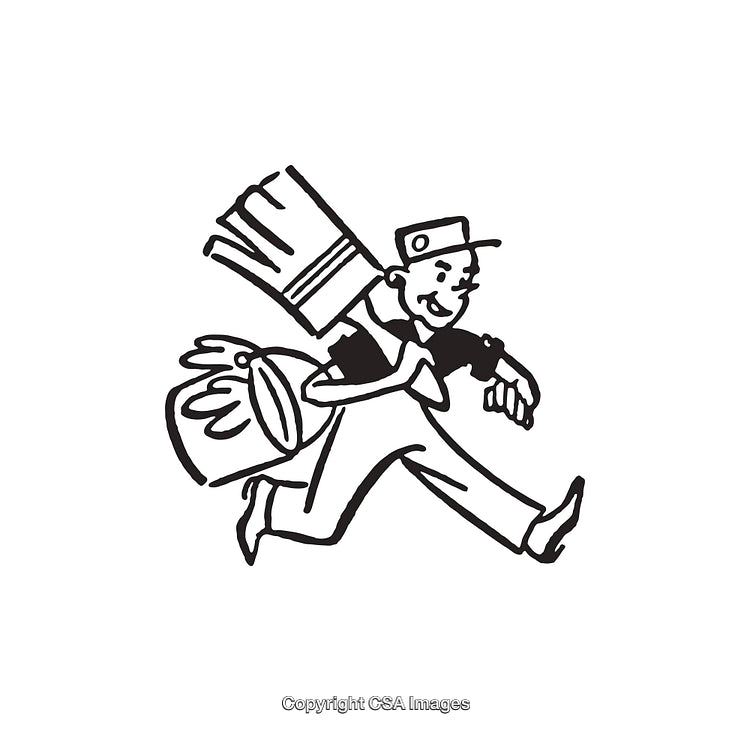 Black and White Illustration of a Painter in Motion Carrying Supplies