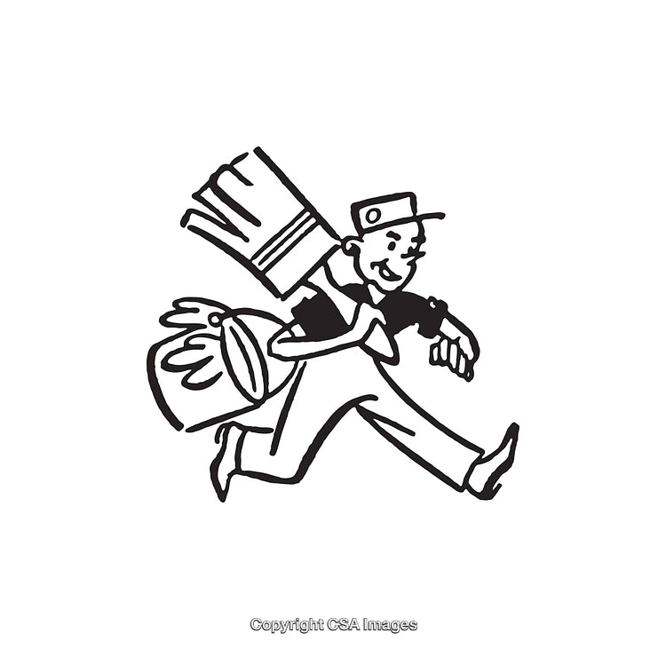 Black and White Illustration of a Painter in Motion Carrying Supplies