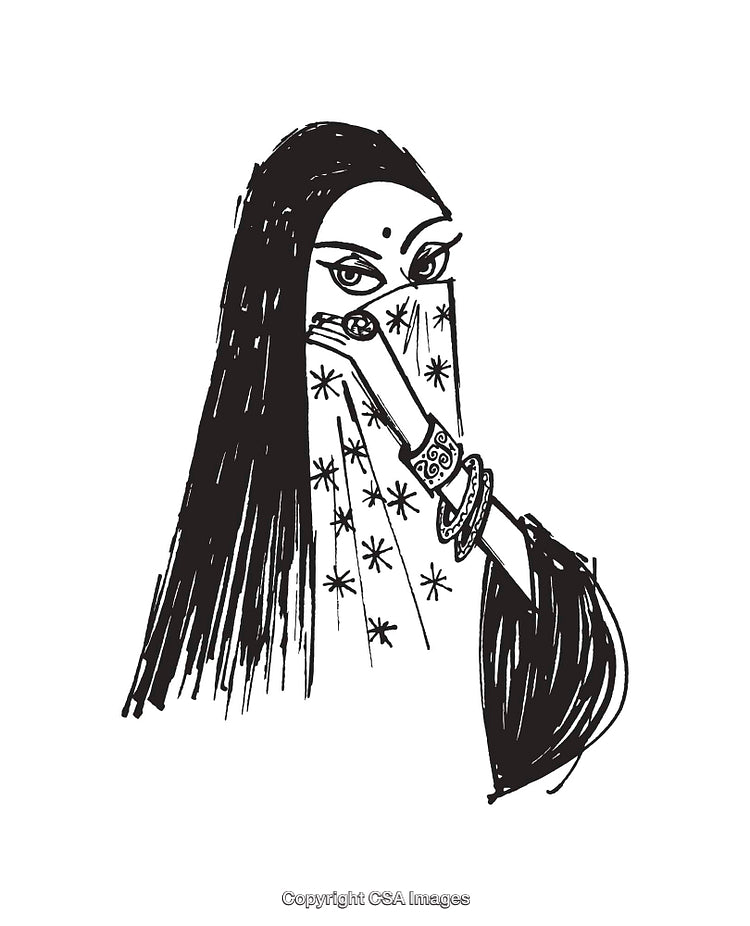 Elegant Black and White Line Art Depicting Woman in Traditional Attire