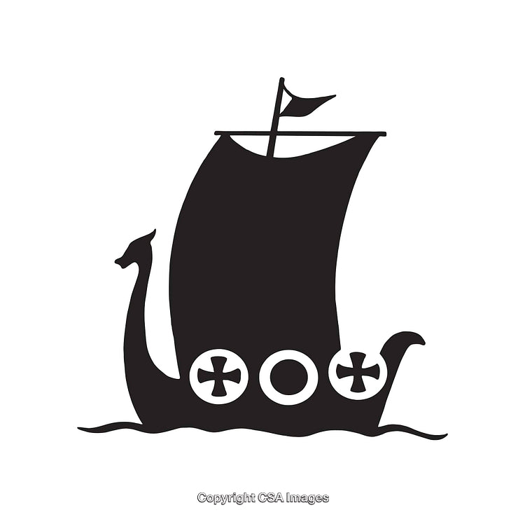 Black and White Silhouette Illustration of a Viking Ship with a Sail