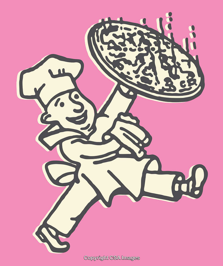 Cheerful Cartoon Chef Tossing Delicious Pizza on Bright Pink Background