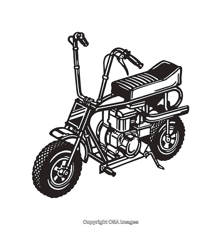 Black and White Line Art Illustration of a Vintage Mini Motorcycle