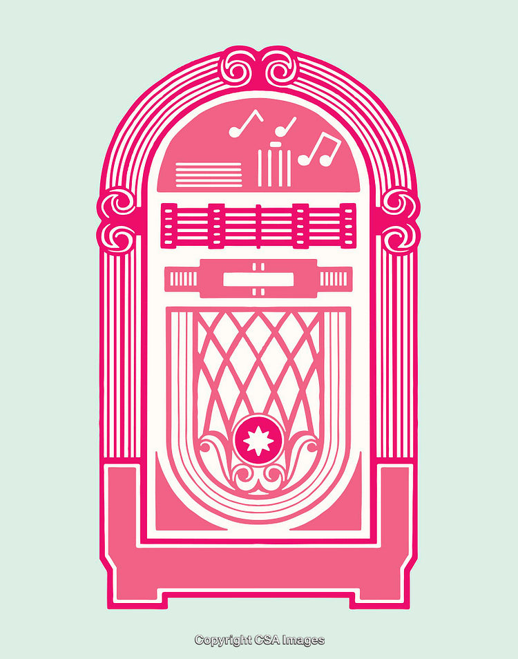 Vintage Pink Jukebox Line Art Illustration with Retro Music Symbols