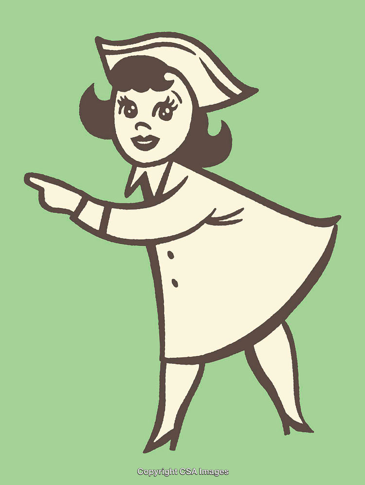 Retro Line Art Illustration of a Woman Pointing on Green Background