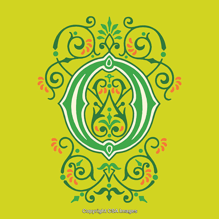 Intricate Floral Letter O Design with Ornamental Details on Green Background
