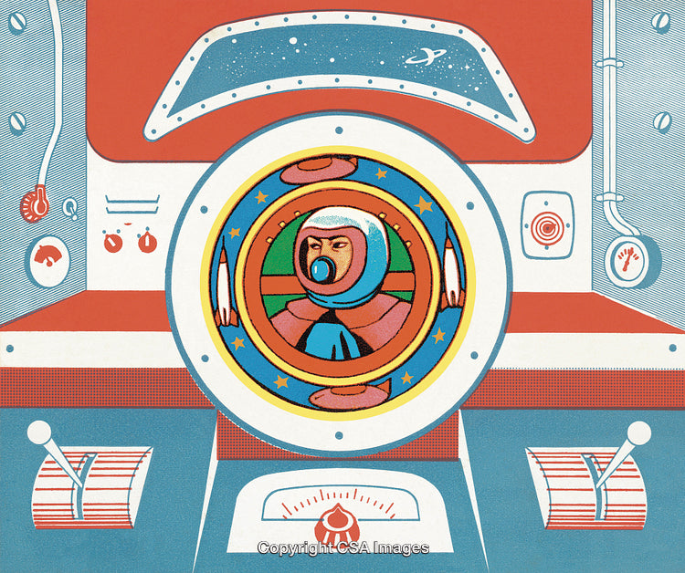 Colorful Retro Illustration Featuring an Astronaut Inside a Space Futuristic Cockpit