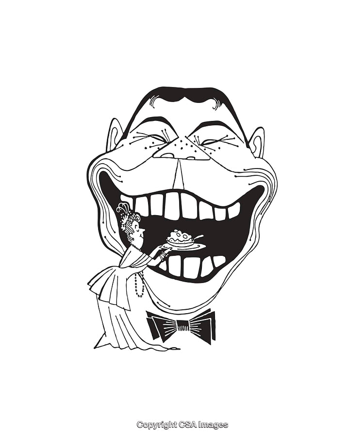 Humorous Line Art Illustration Featuring a Large Smiling Face and Serving Lady