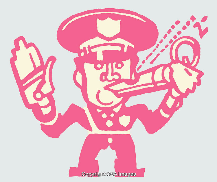 Colorful Illustration of a Policeman Whistling and Raising Hand for Traffic