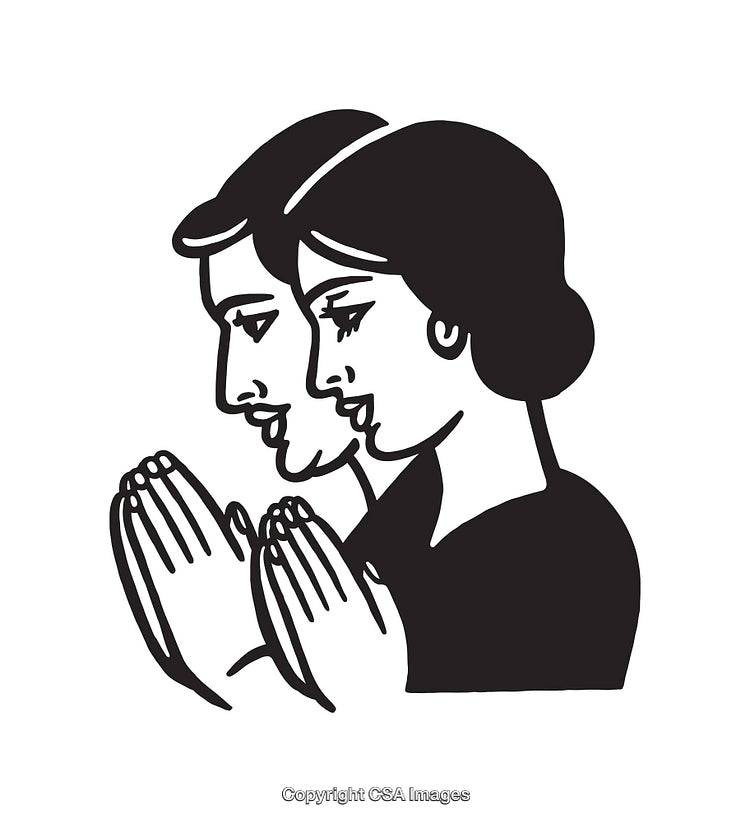 Black and White Illustration of a Couple Praying Together in Reverence