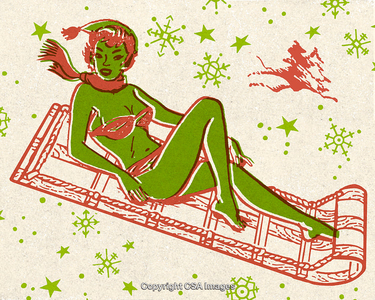 Retro Style Illustration of Winter Holiday Woman on Sleigh with Festive Symbols