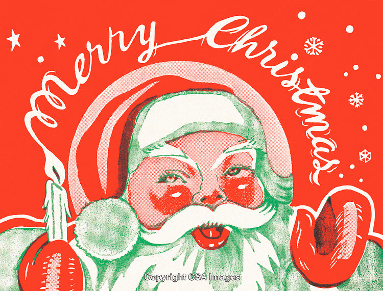 Vintage Santa Claus Illustration with Red Holiday Theme and Merry Christmas Text