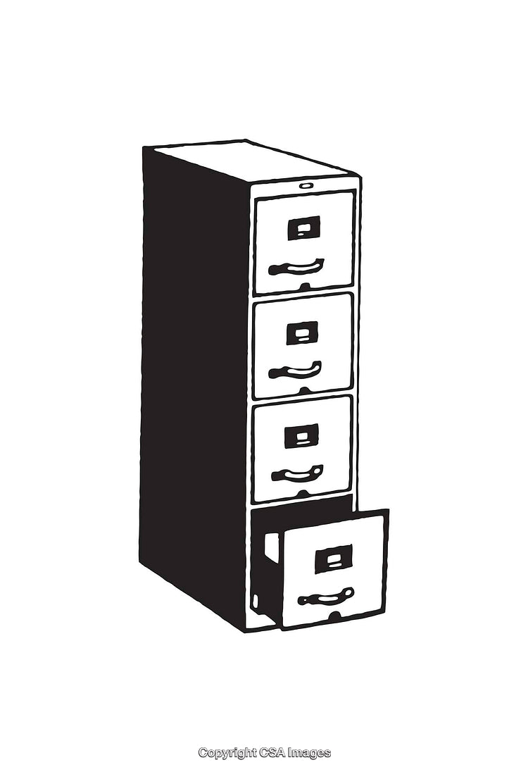 Black and White Line Art Illustration of a Filing Cabinet