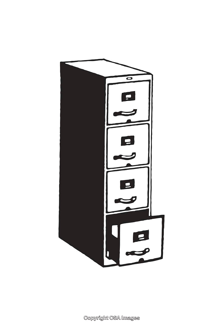Black and White Line Art Illustration of a Filing Cabinet
