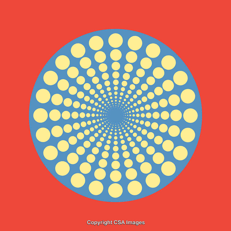 Colorful Abstract Circular Design with Yellow Dots on Red Background