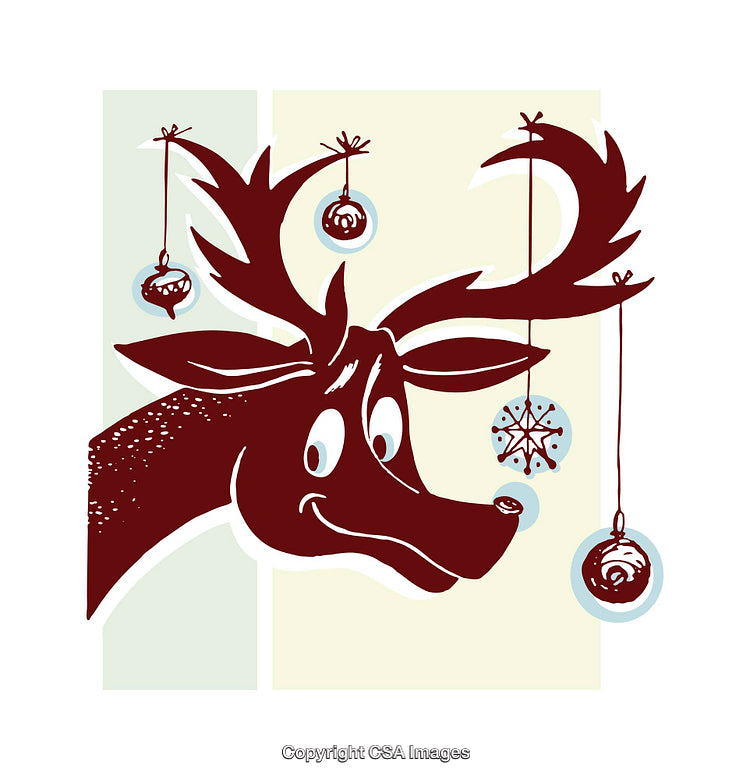 Colorful Christmas Reindeer Illustration with Ornaments Hanging from Antlers