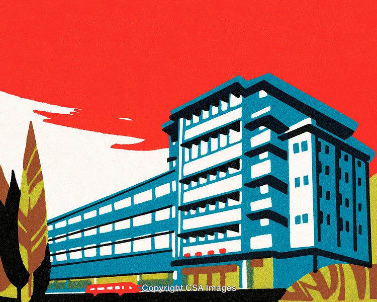 Retro Style Illustrative Artwork of a Building With a Vibrant Red Sky